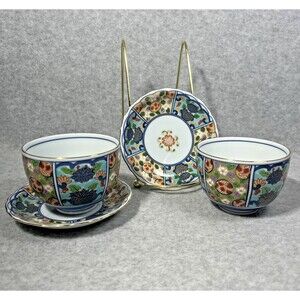 Vintage Japanese Imari Porcelain Teacup Saucer Set Kutani Mark Gold Floral Japan